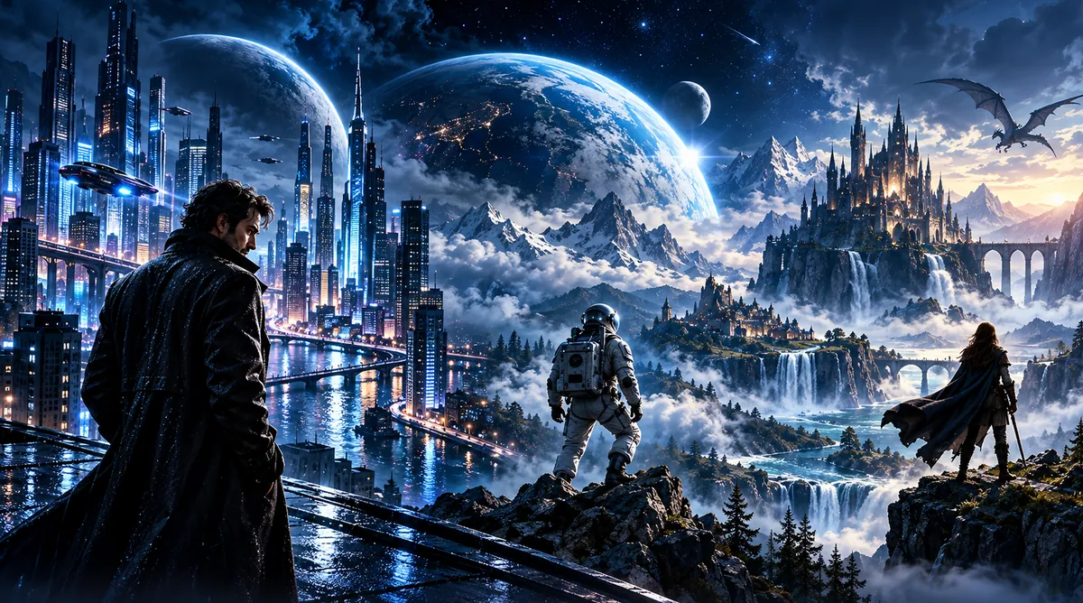 Illustration : un homme face à une ville sous la pluie, un astronaute et une aventurière face à une citadelle.